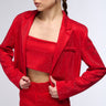 Front View Pop Star Hot Fix Rhinestone Cropped Blazer In Red