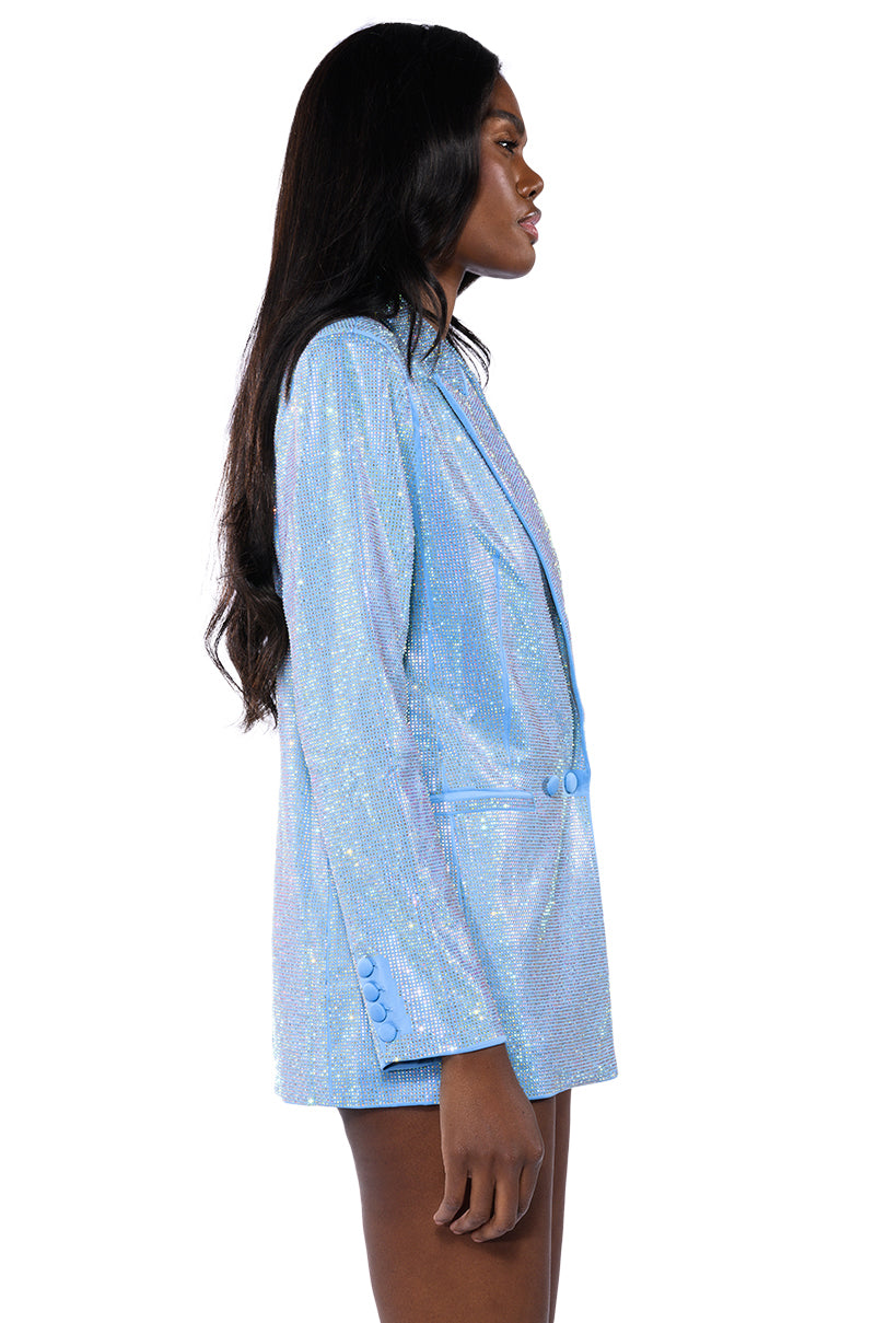 Extra View Pop Star Shine Bright Rhinestone Blazer In Light Blue 21