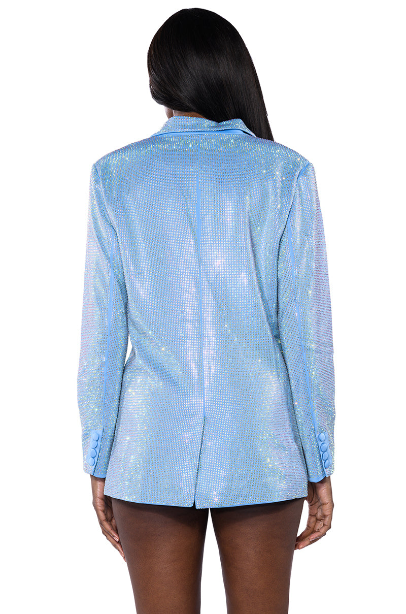 Extra View Pop Star Shine Bright Rhinestone Blazer In Light Blue 22