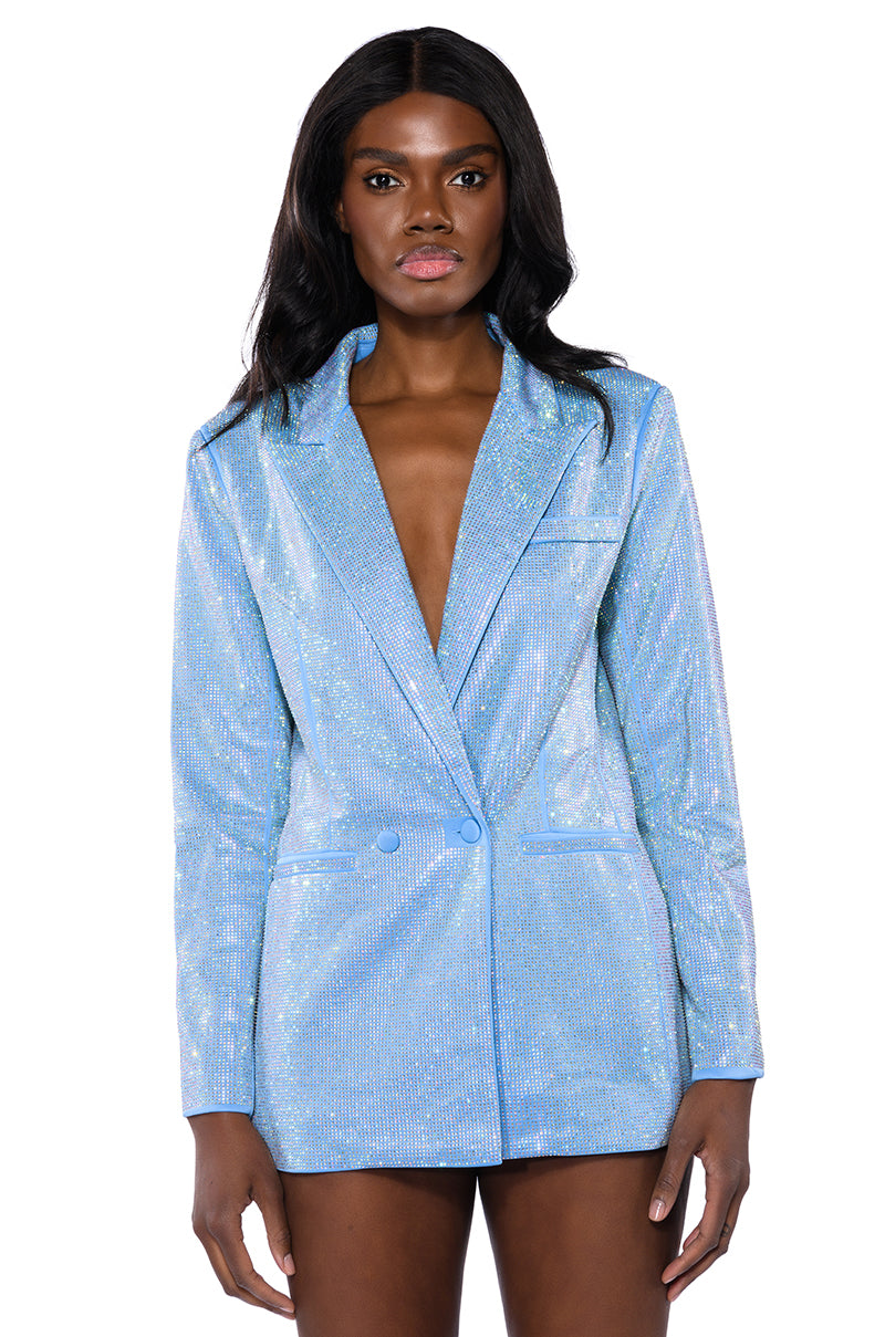 Full View Pop Star Shine Bright Rhinestone Blazer In Light Blue 12