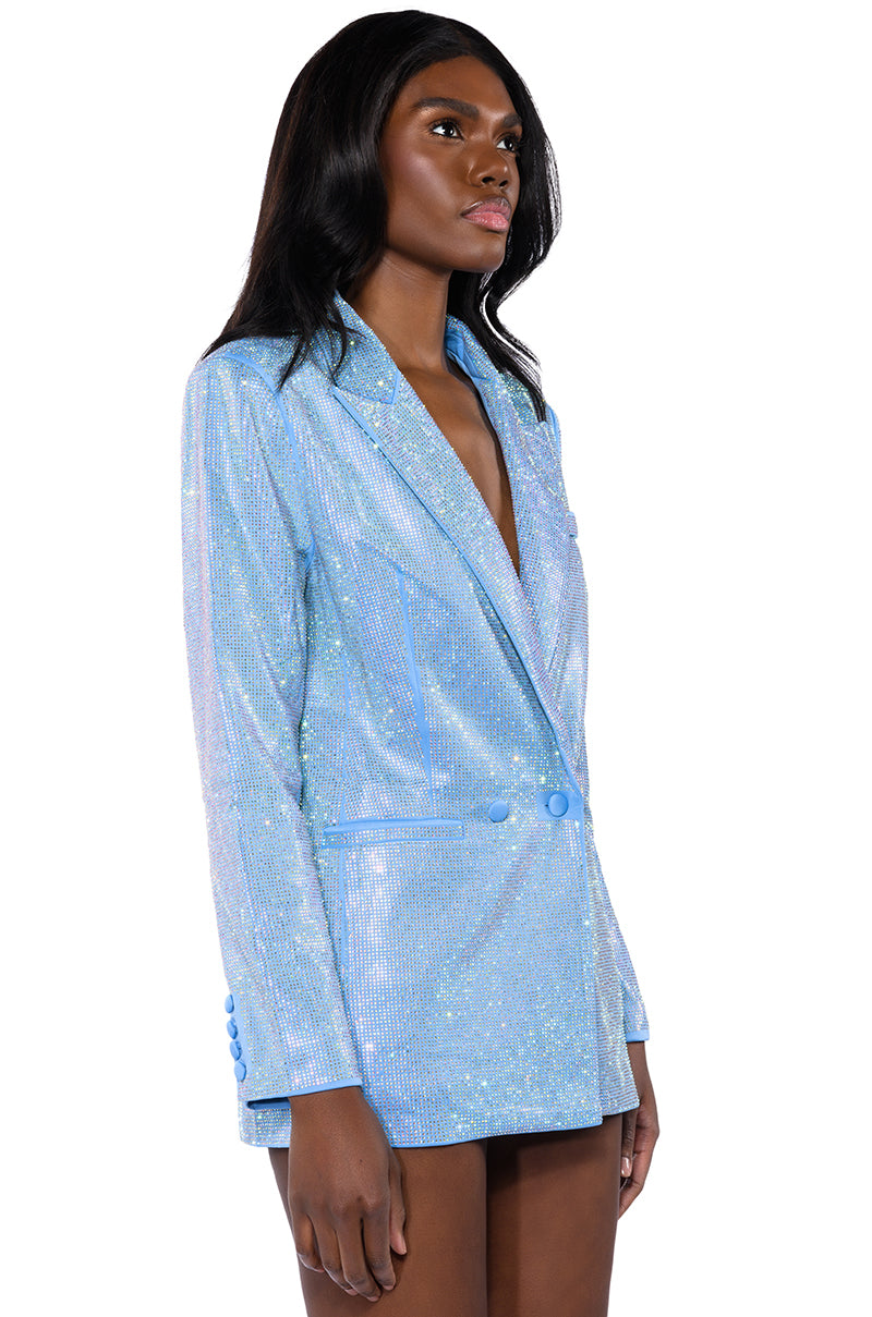 Extra View Pop Star Shine Bright Rhinestone Blazer In Light Blue 14
