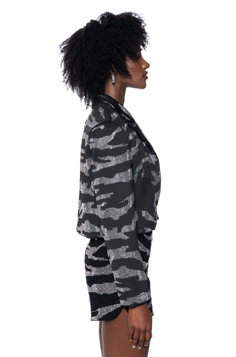 Back View Pop Star Zebra Rhinestone Crop Blazer