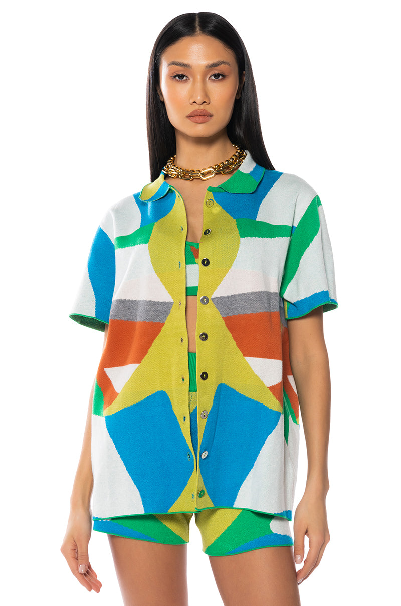 Front View Poppy Multicolor Knit Button Down Shirt view 1
