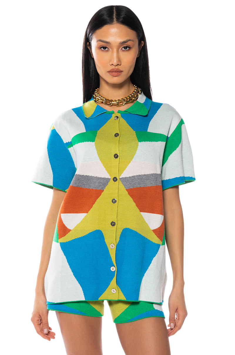 Side View Poppy Multicolor Knit Button Down Shirt view 2