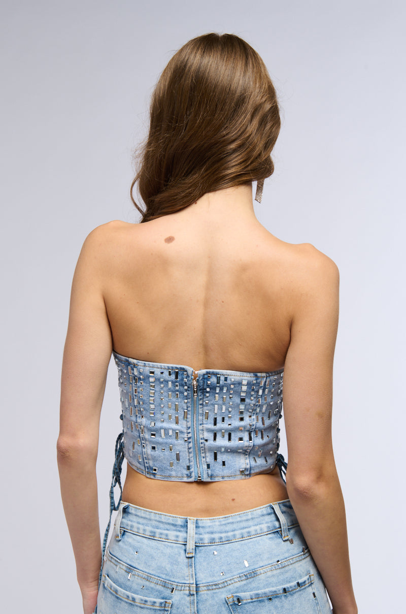 Detail View Popstar Denim Rhinestone Corset Top