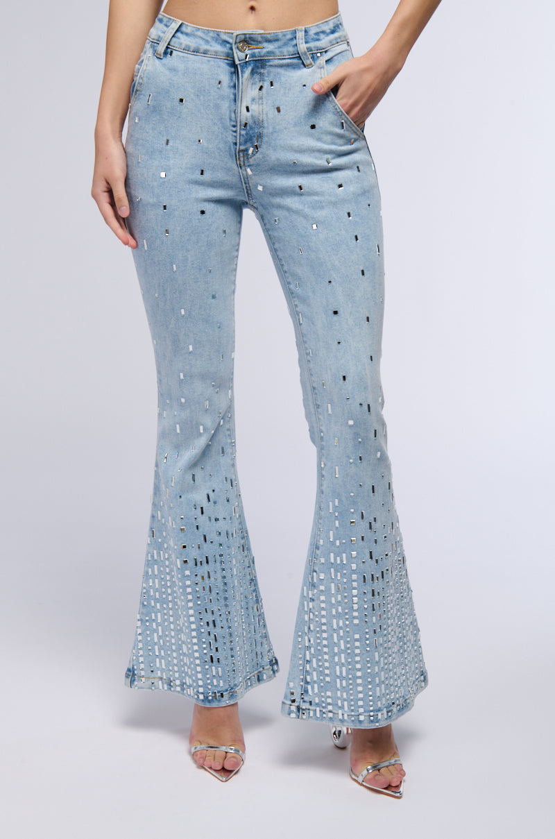 Front View Popstar Denim Rhinestone Flared Pant 0