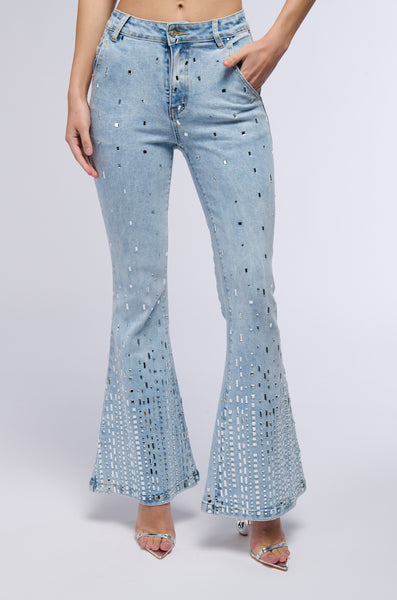 POPSTAR DENIM RHINESTONE FLARED PANT – AKIRA