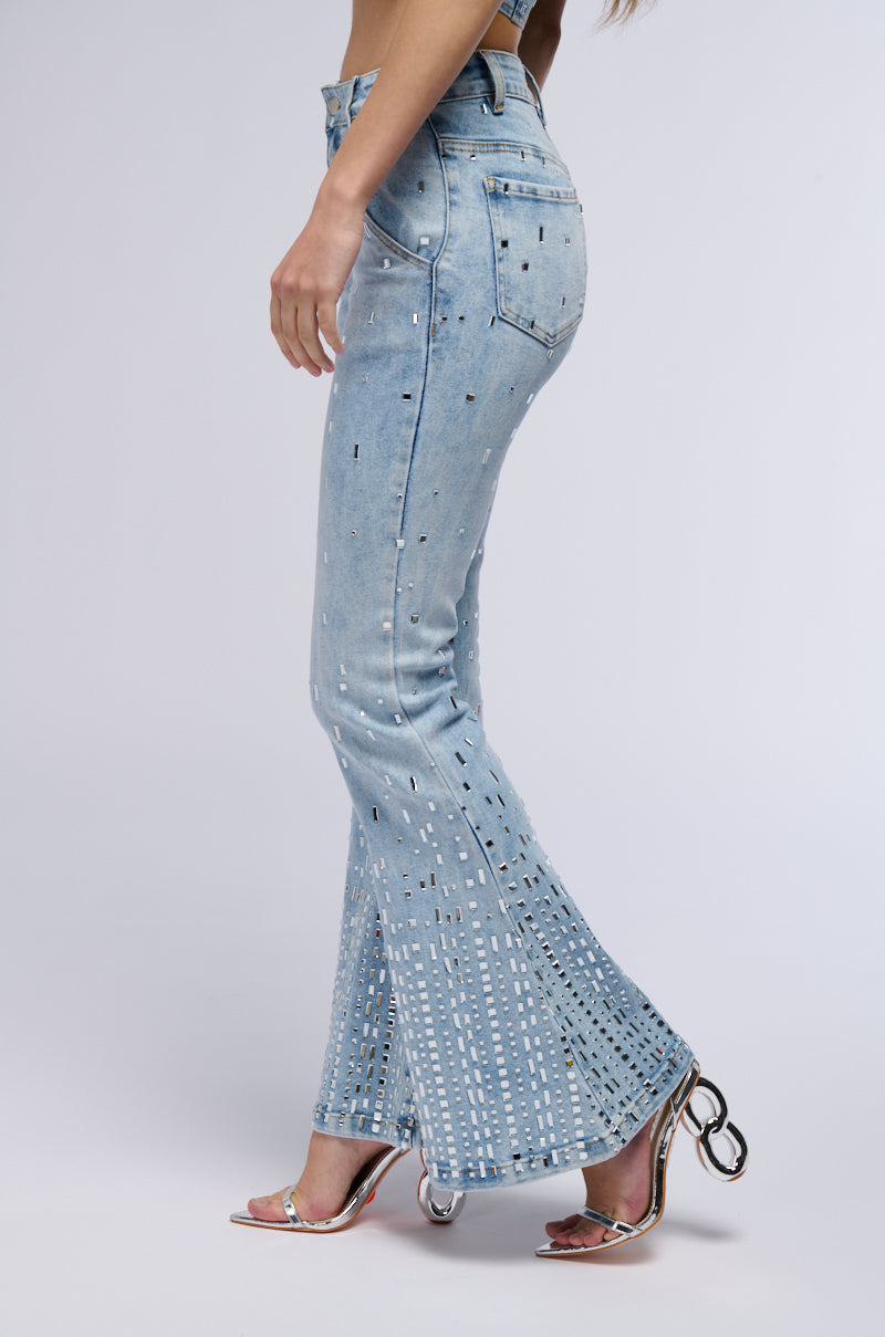 Side View Popstar Denim Rhinestone Flared Pant 1