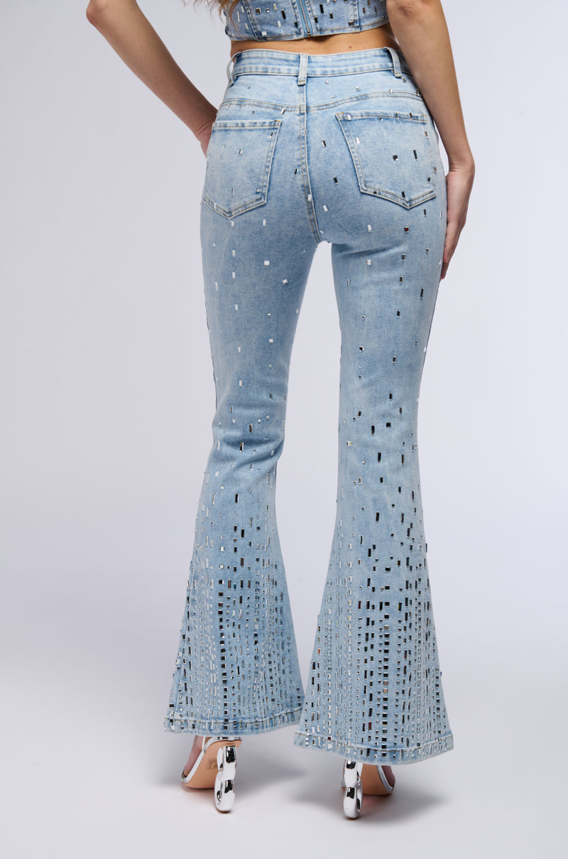 Back View Popstar Denim Rhinestone Flared Pant 3