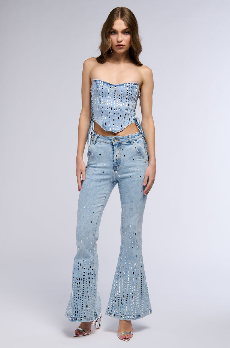 Detail View Popstar Denim Rhinestone Flared Pant 2