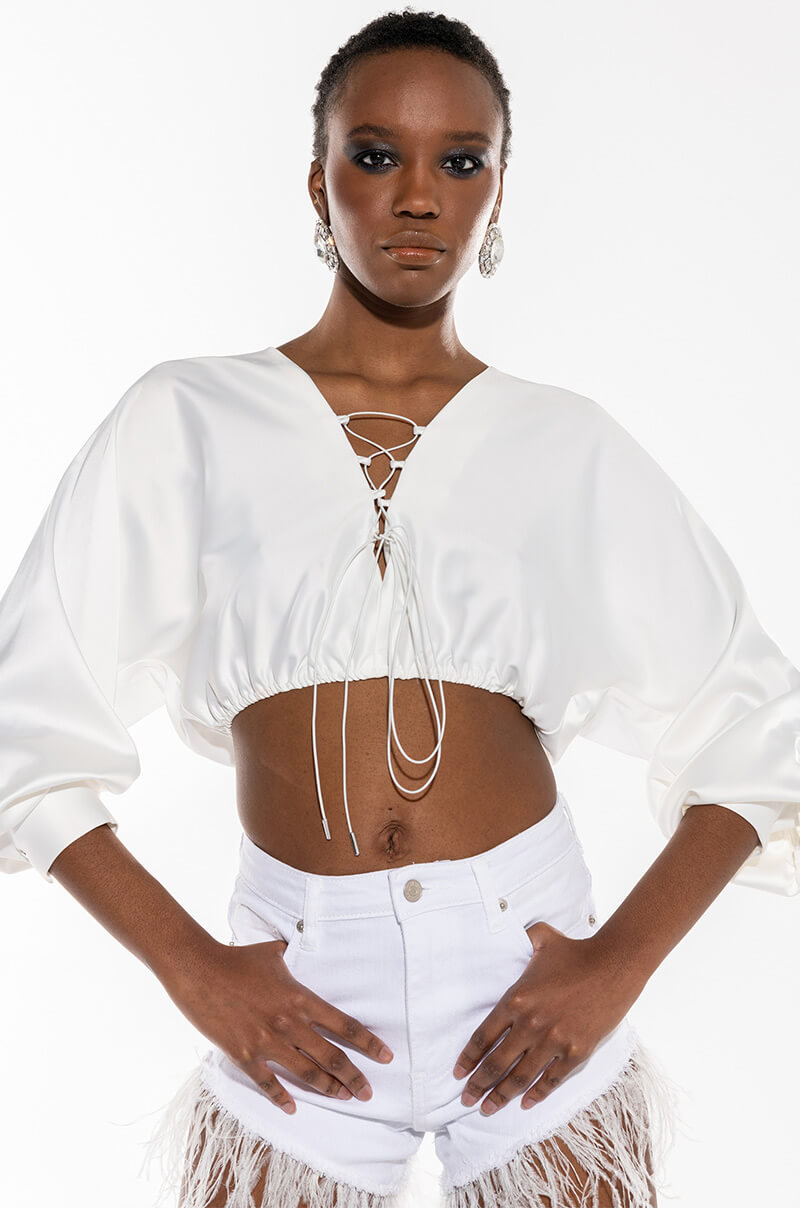 Front View Portofino Satin Lace Up Cropped Blouse
