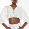 Front View Portofino Satin Lace Up Cropped Blouse