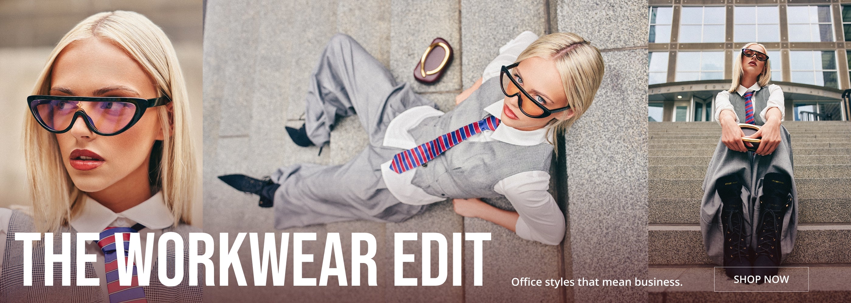 A promotional banner for workwear eyewear featuring three fashion models wearing oversized black sunglasses with pink-tinted lenses in different office-style poses. The text 'THE WORKWEAR EDIT' is displayed prominently at the bottom.