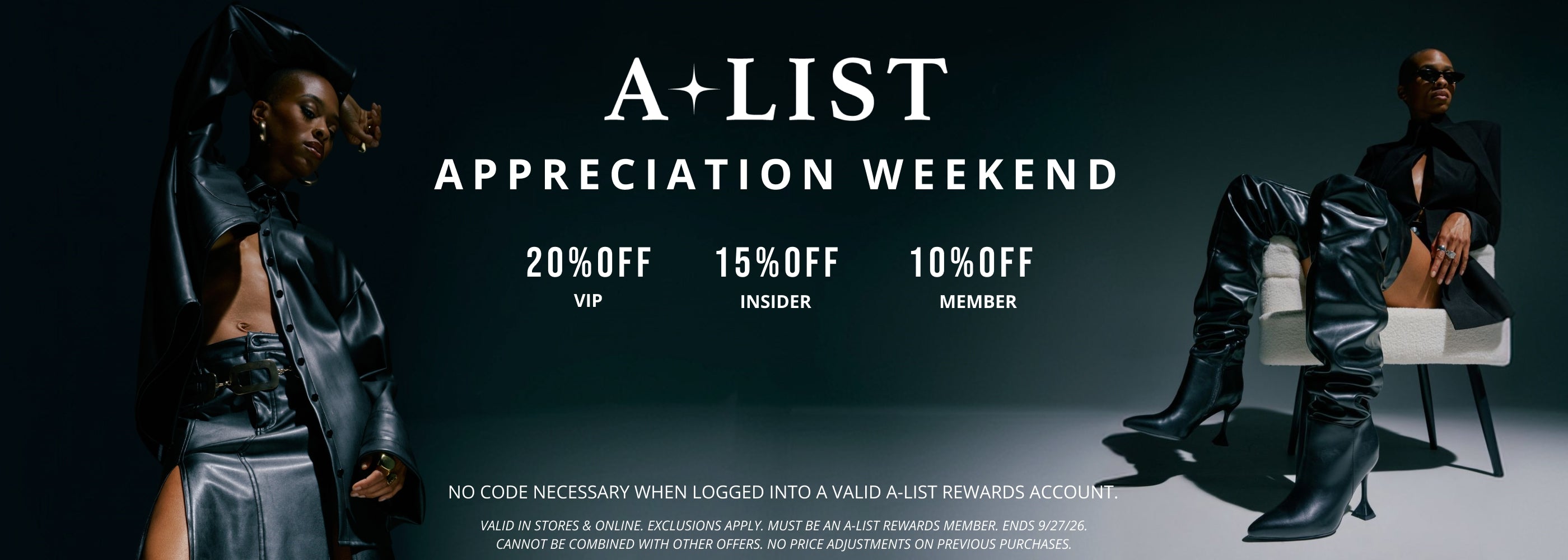 Promotional banner for A-List Appreciation Weekend featuring a model wearing boots against a dark studio background with discount text and logos.