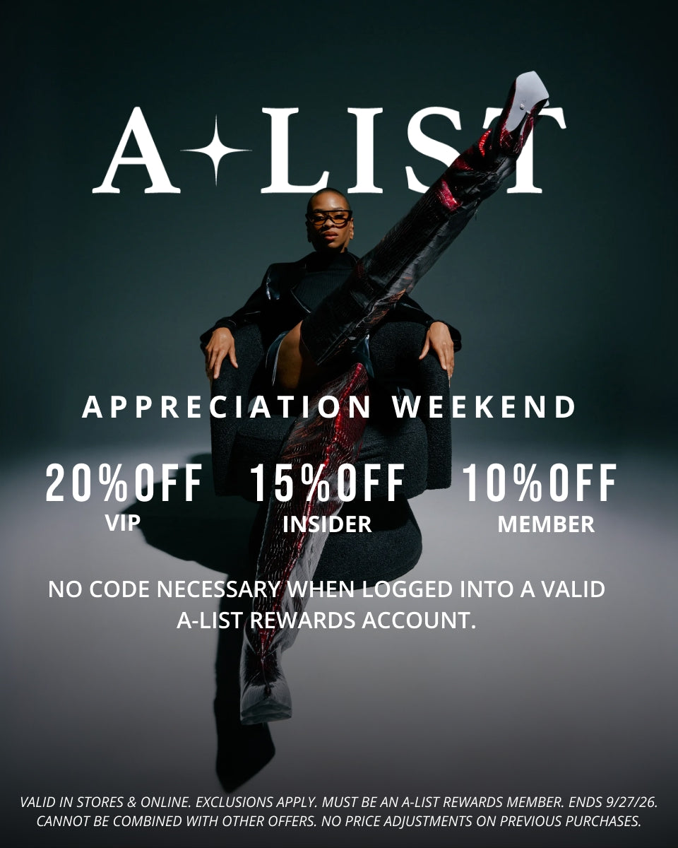 Promotional banner for A-List Appreciation Weekend featuring a model wearing boots against a dark studio background with discount text and logos.