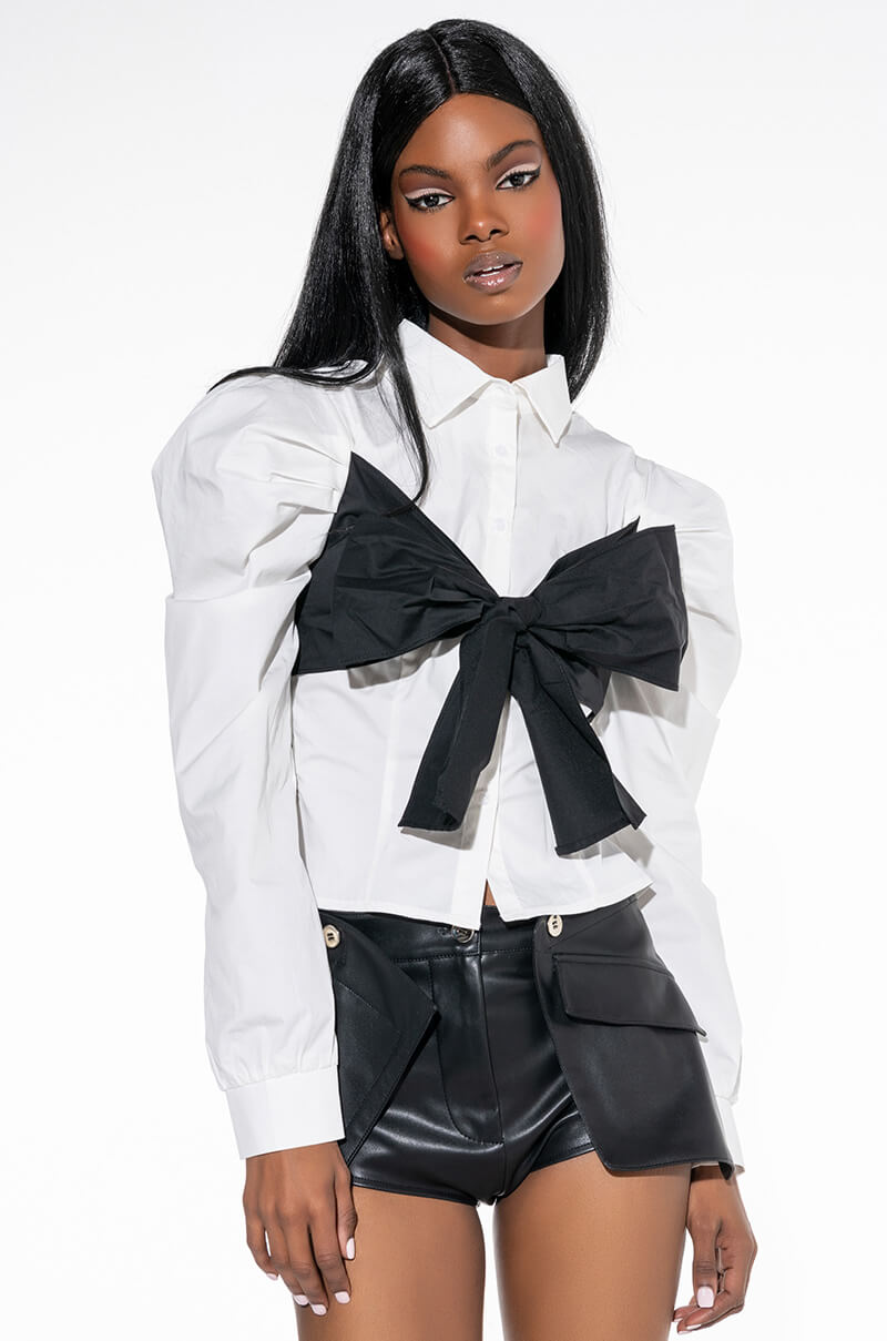 Front View Posh Puff Sleeve Crop Button Down Blouse