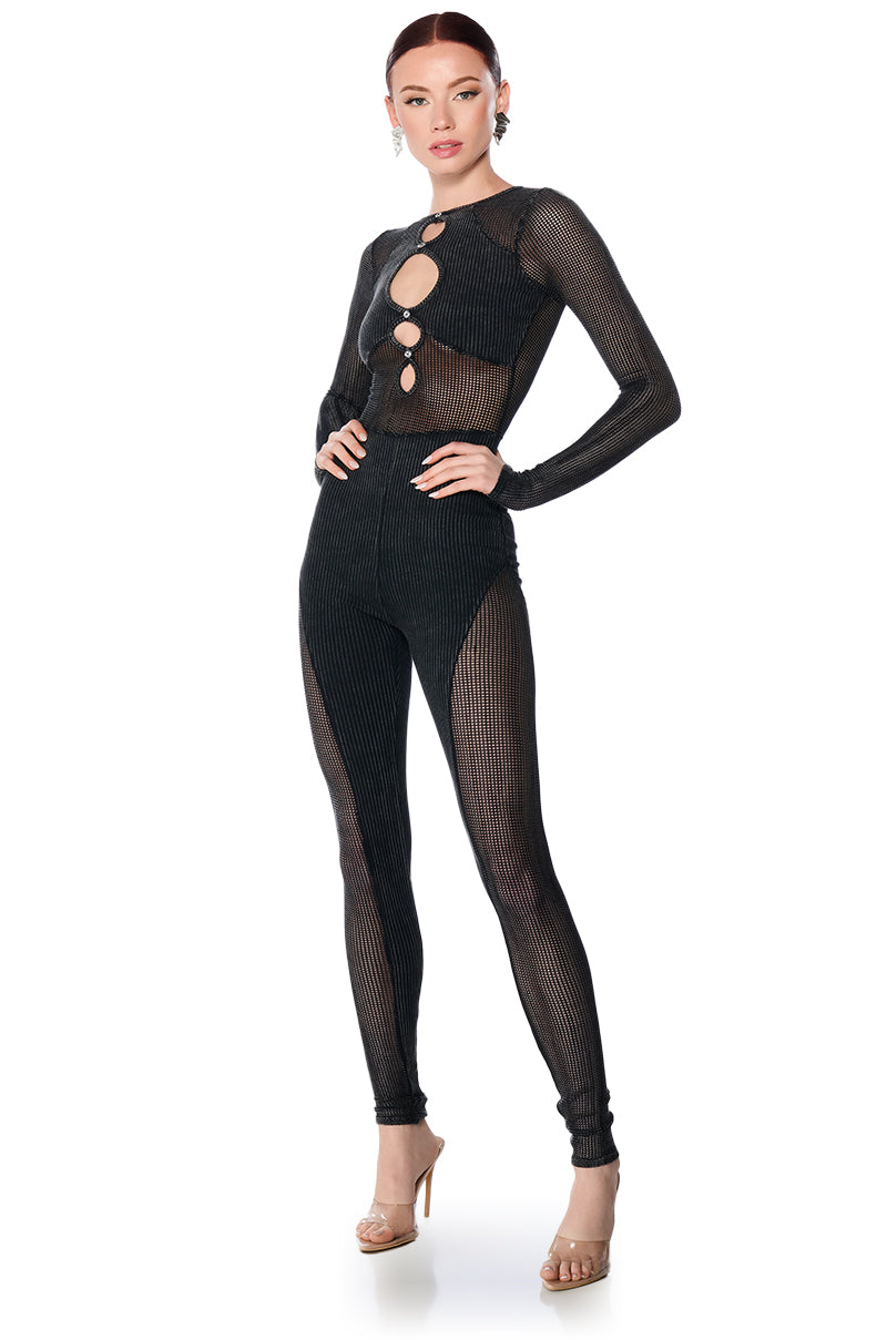 Side View Poster Girl Mesh Knit Cutout Jumpsuit