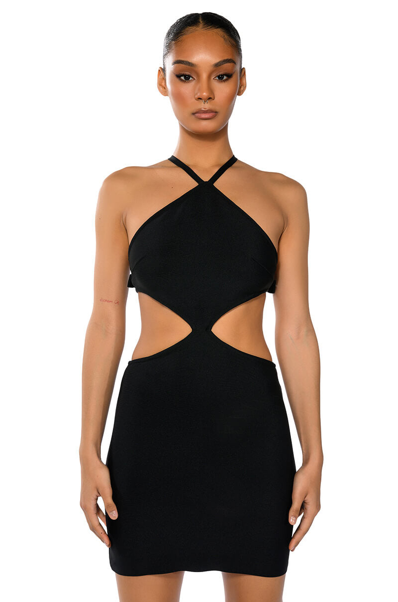 Front View Praise Me Cut Out Bandage Bow Detail Mini Dress