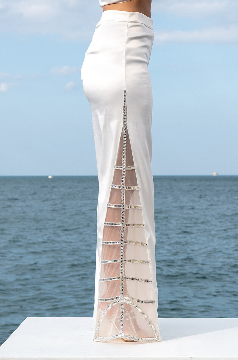 Detail View Premier Rhinestone Mesh Panel Satin Wide Leg Pant