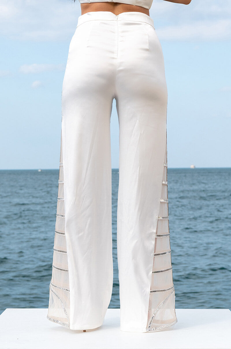 Full View Premier Rhinestone Mesh Panel Satin Wide Leg Pant