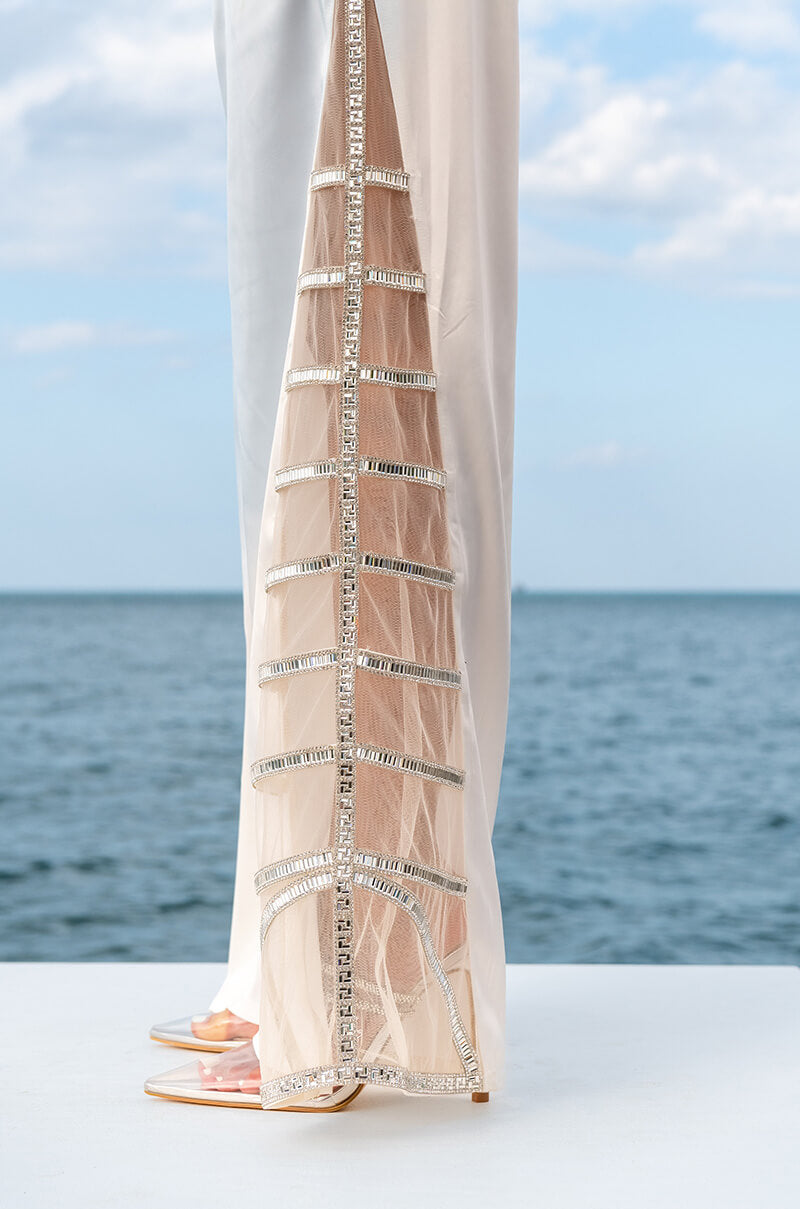 Extra View Premier Rhinestone Mesh Panel Satin Wide Leg Pant