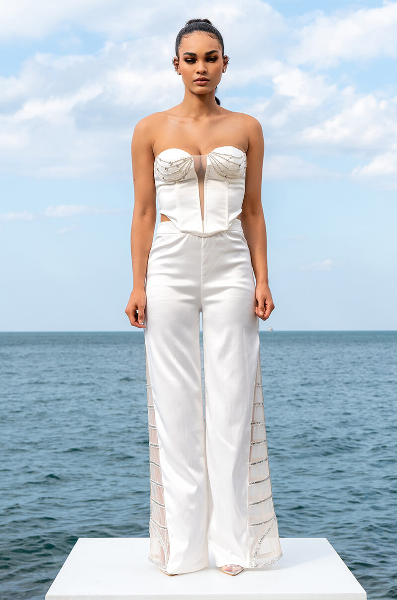 Extra View Premier Rhinestone Mesh Panel Satin Wide Leg Pant