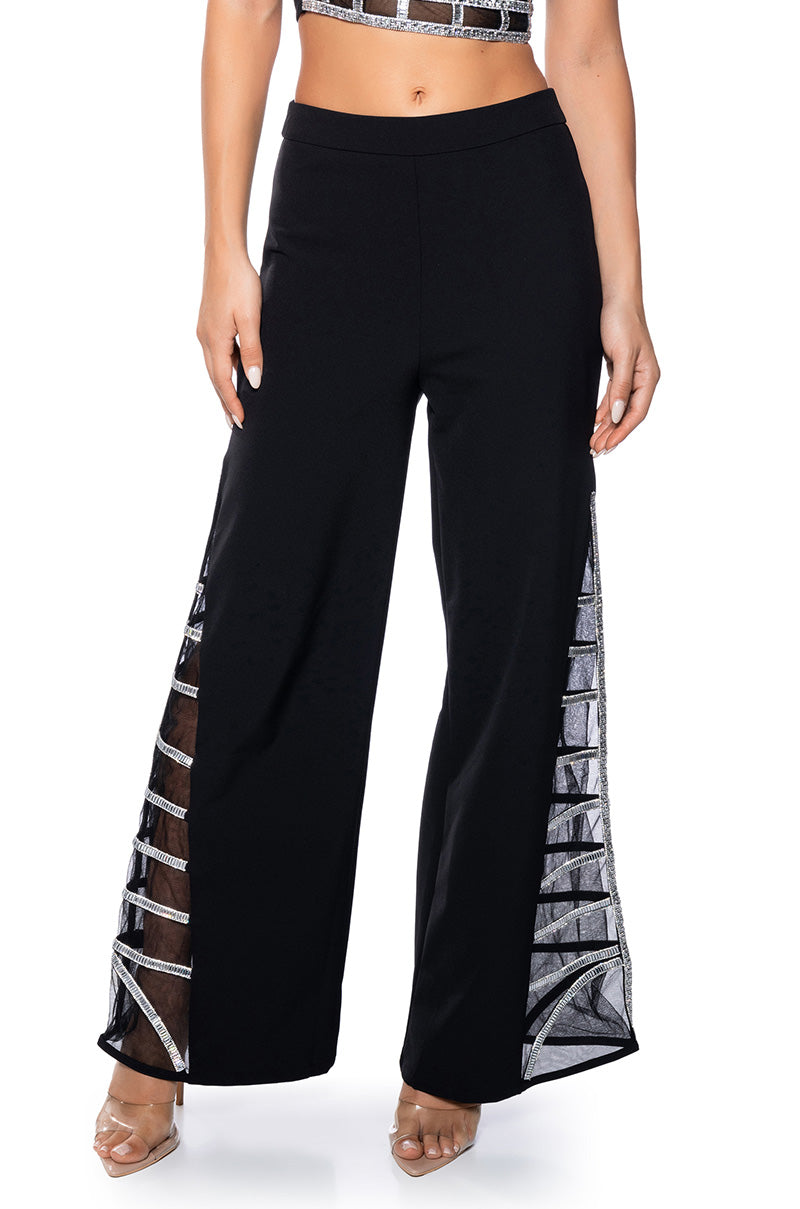 PREMIER RHINESTONE MESH PANEL SATIN WIDE LEG PANT view 0