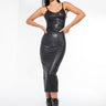 Front View Premium Stretch Vegan Leather Midi Dress