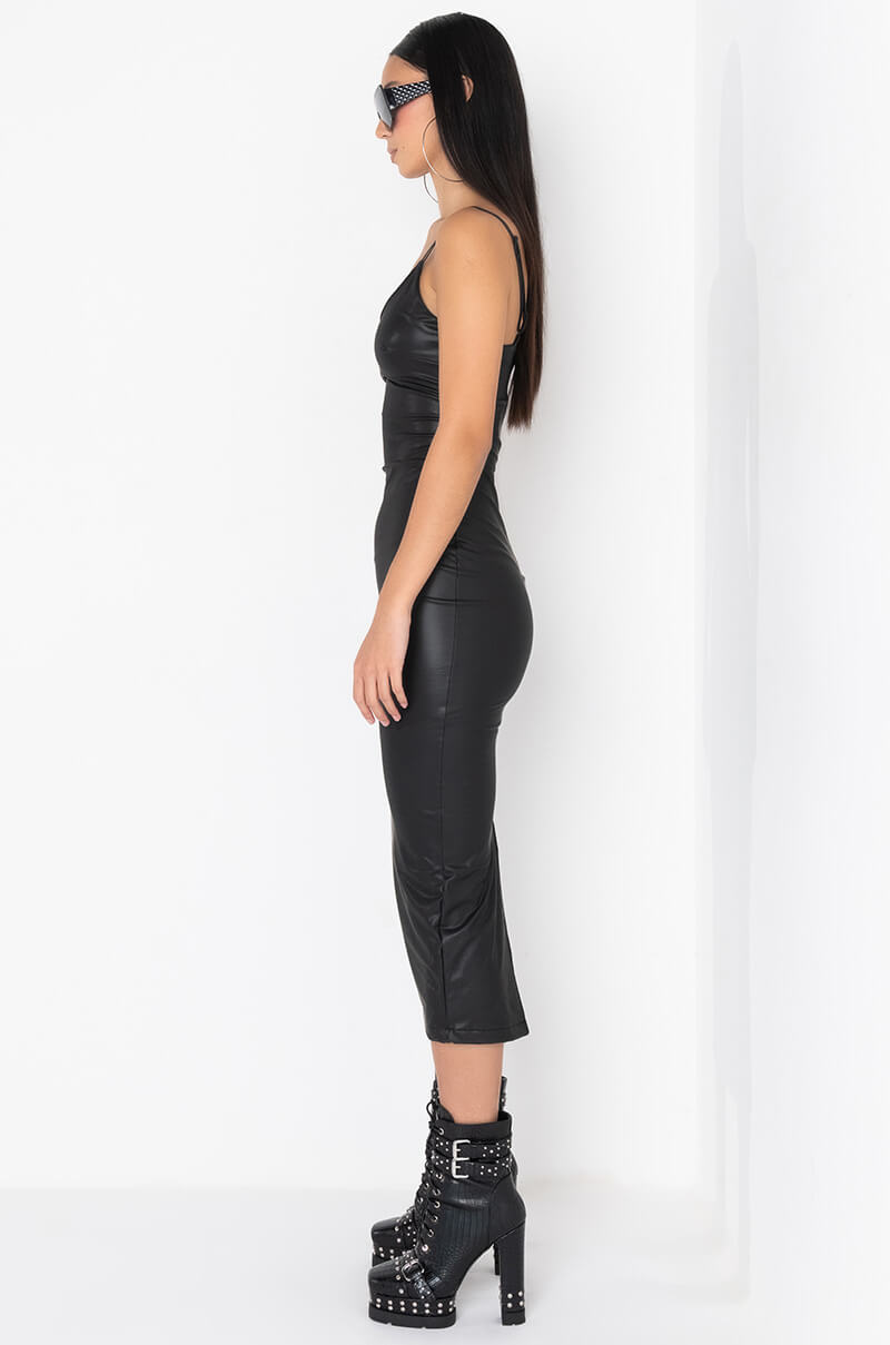 PREMIUM STRETCH VEGAN LEATHER MIDI DRESS BLACK AKIRA PREMIUM STRETCH VEGAN LEATHER MIDI DRESS BLACK AKIRA