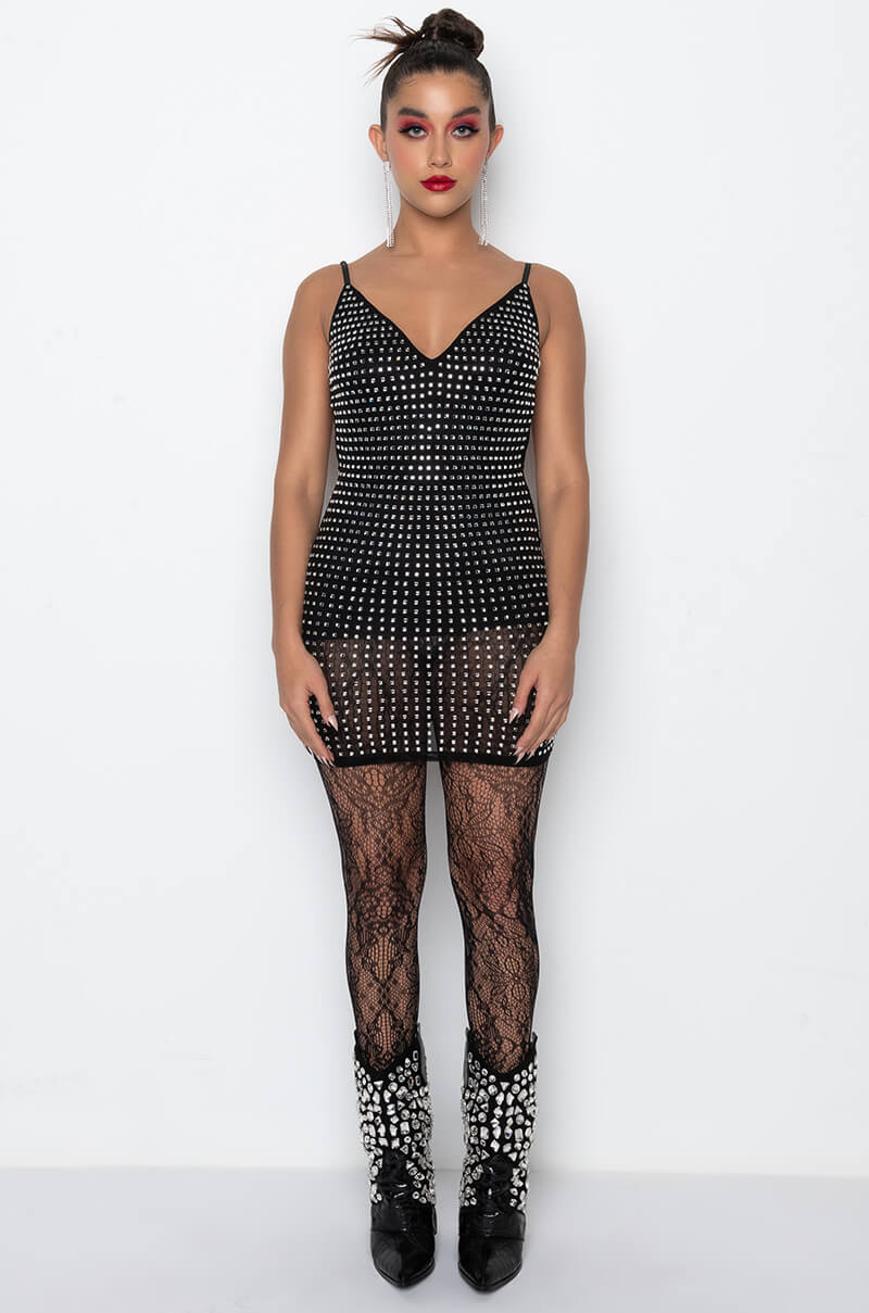 Extra View Pretty And Classy Mini Dress With Rhinestone Body