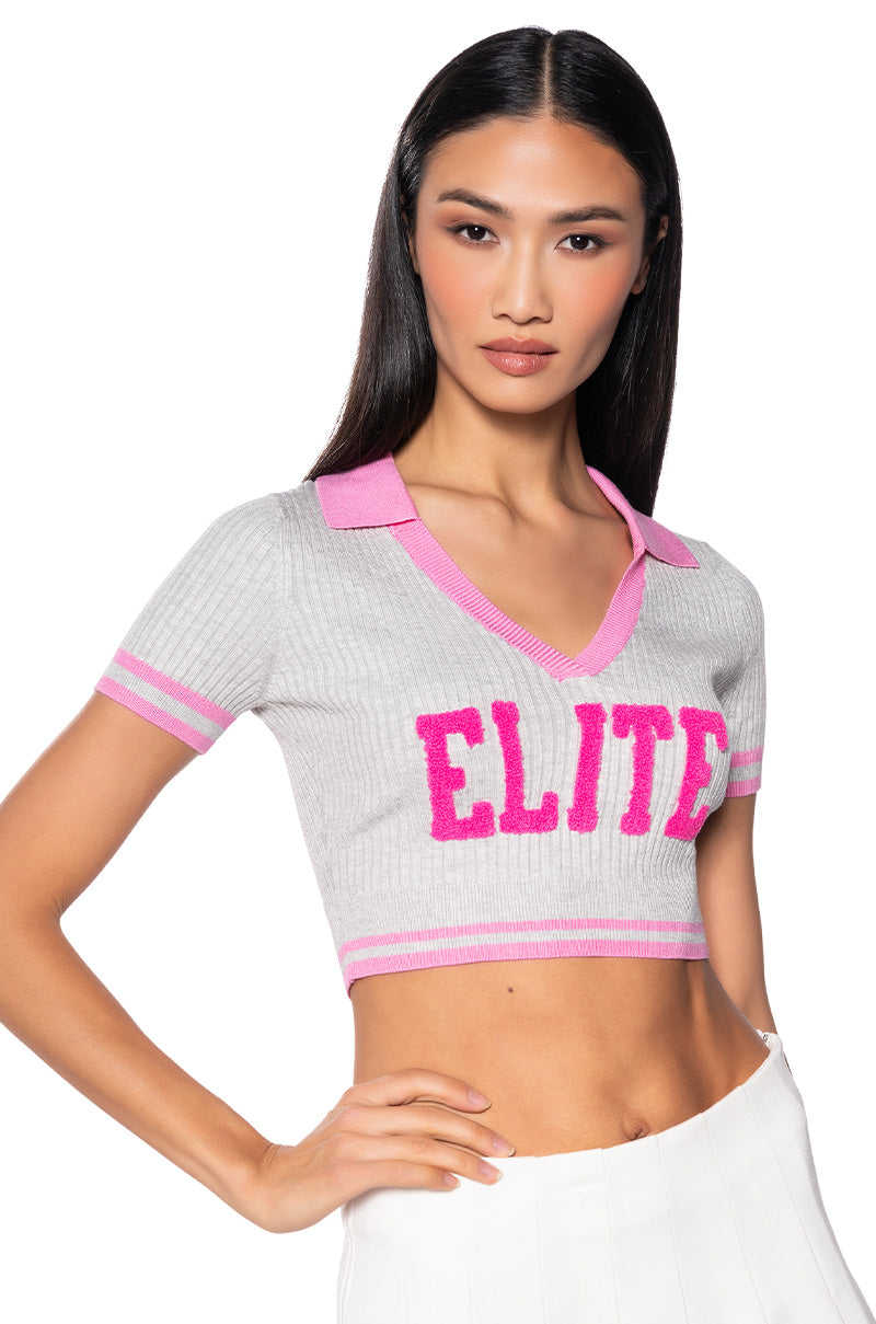 Front View Pretty Elite Cropped Knit Polo 0