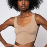 Front View Pretty Face Small Waist Ruched Crop Tank in Beige