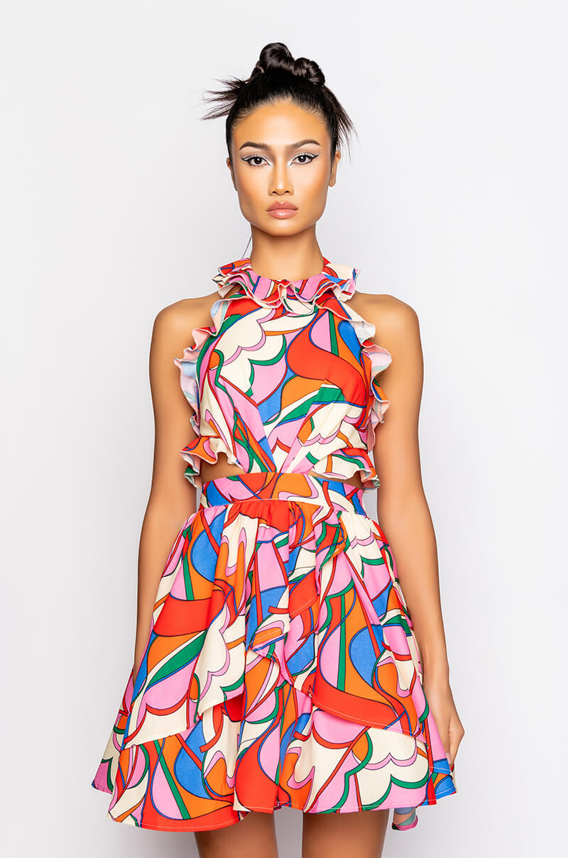 Back View Pretty Girl Looks Halter Mini Dress