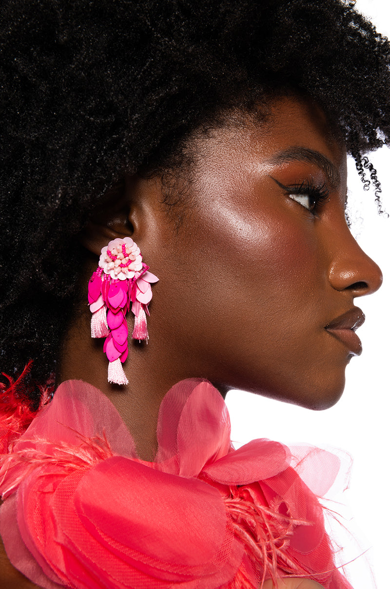 Front View Pretty In Pink Beaded Fringe Earrings