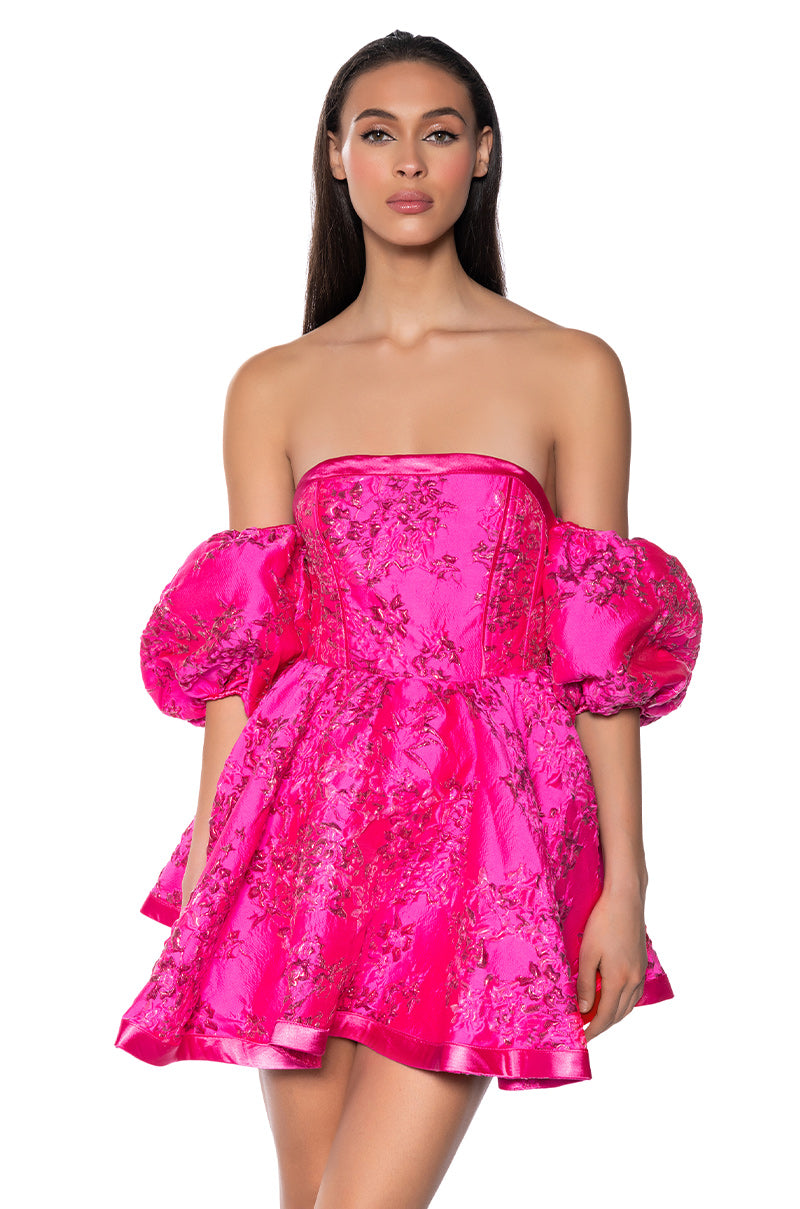 Front View Pretty In Pink Brocade Mini Dress