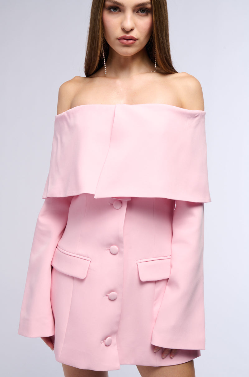 PRETTY IN PINK OFF THE SHOULDER BLAZER DRESS – AKIRA