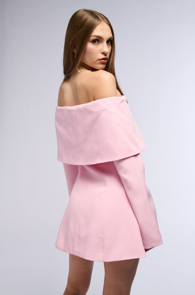 PRETTY IN PINK OFF THE SHOULDER BLAZER DRESS – AKIRA