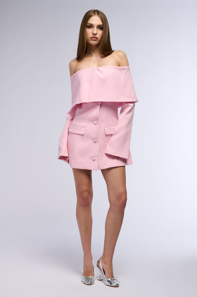 PRETTY IN PINK OFF THE SHOULDER BLAZER DRESS – AKIRA