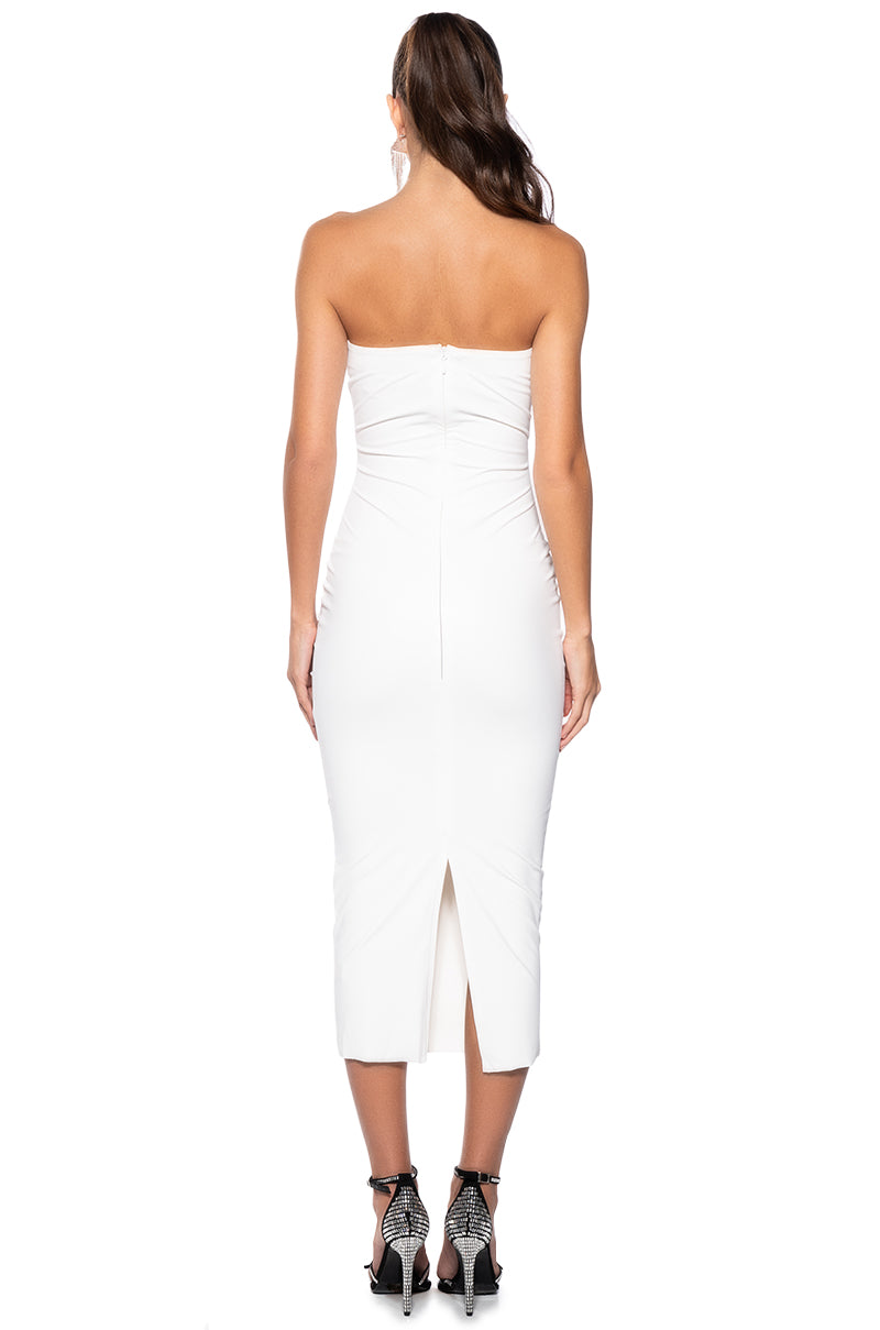 PRETTY LADY PLEATHER CUT OUT MIDI DRESS WITH 4 WAY STRETCH IN WHITE AKIRA PRETTY LADY PLEATHER CUT OUT MIDI DRESS WITH 4 WAY STRETCH IN WHITE AKIRA