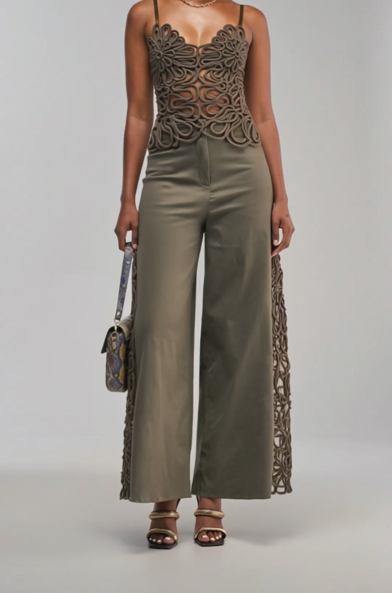 Video of a woman modeling the ITS GIVING Rope Detail Trouser in olive.