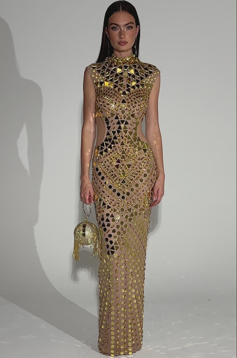 green emerald velvet dress QUEEN OF EVERYTHING MIRRORED MAXI DRESS IN GOLD – AKIRA