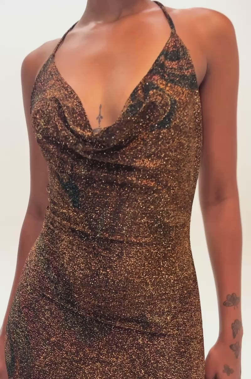 Video of a woman modeling the YOUR NEXT EX GIRL SHIMMER MAXI DRESS—a shimmering brown glitter halter maxi.