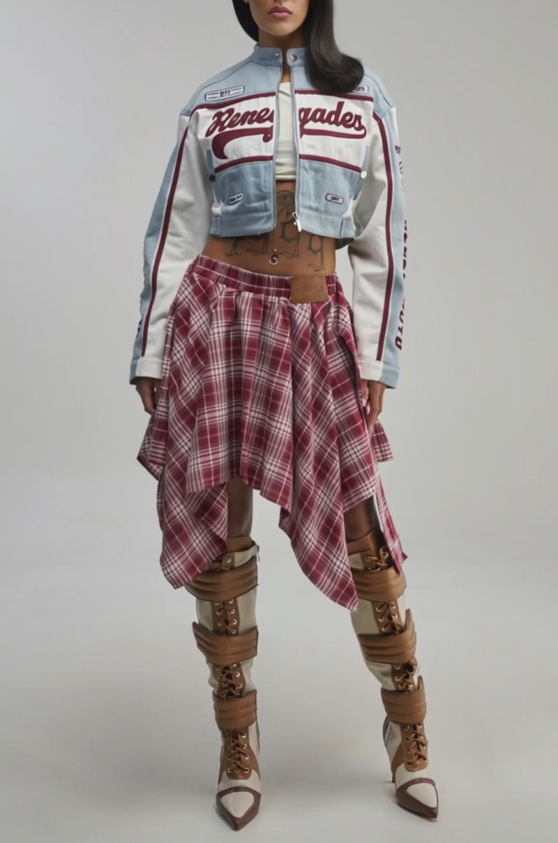 Video of a woman modeling the VICTORY LAP DENIM MOTO jacket. A bold streetwear look featuring the jacket’s modern cropped silhouette.