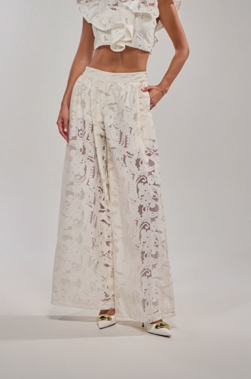 A video of a woman wearing the EMMA EMBROIDERED BALLOON PANT and a white lace crop top, styled with gold pointed-toe shoes. 