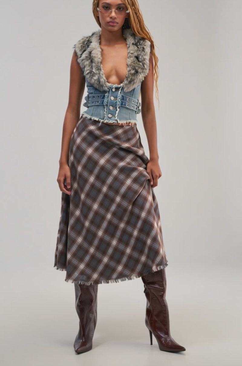 Video of a woman modeling the RAE FUR TRIM DENIM CORSET.