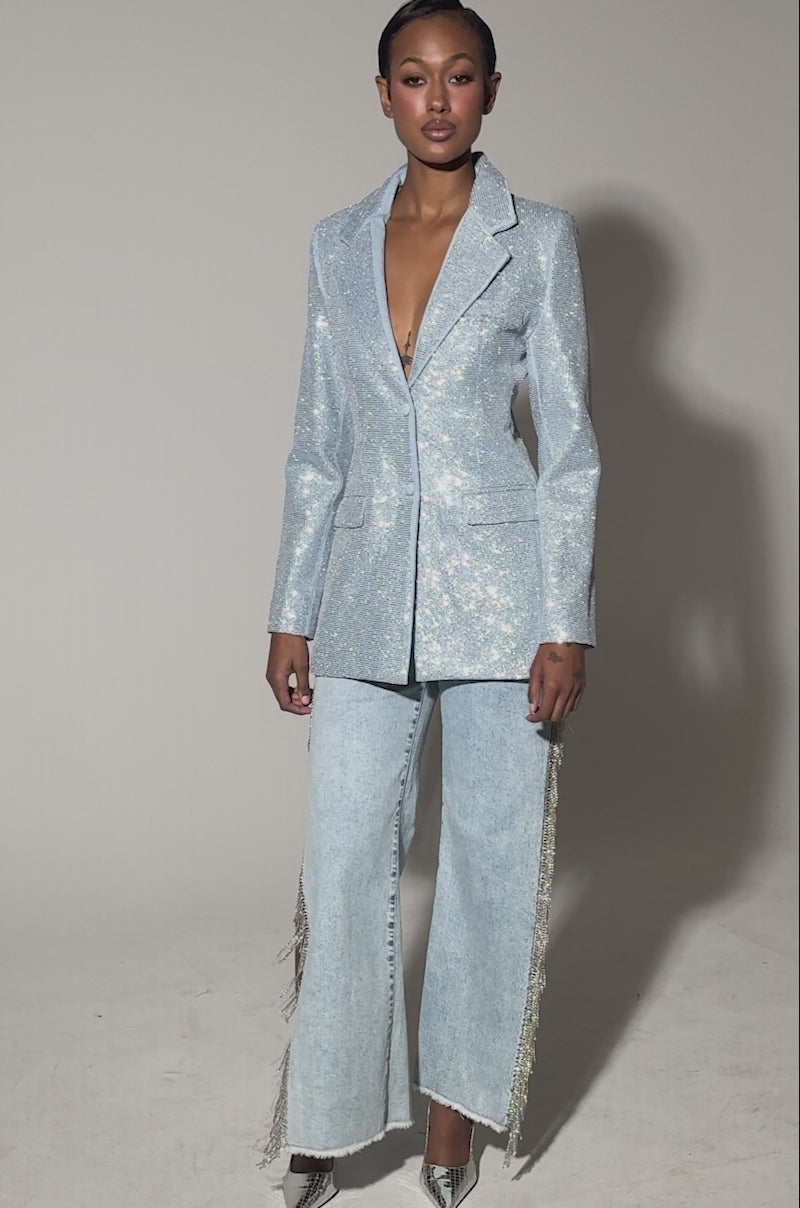 Video of woman modeling the HERE FOR A GOOD TIME EMBELLISHED BLAZER with rhinestone details