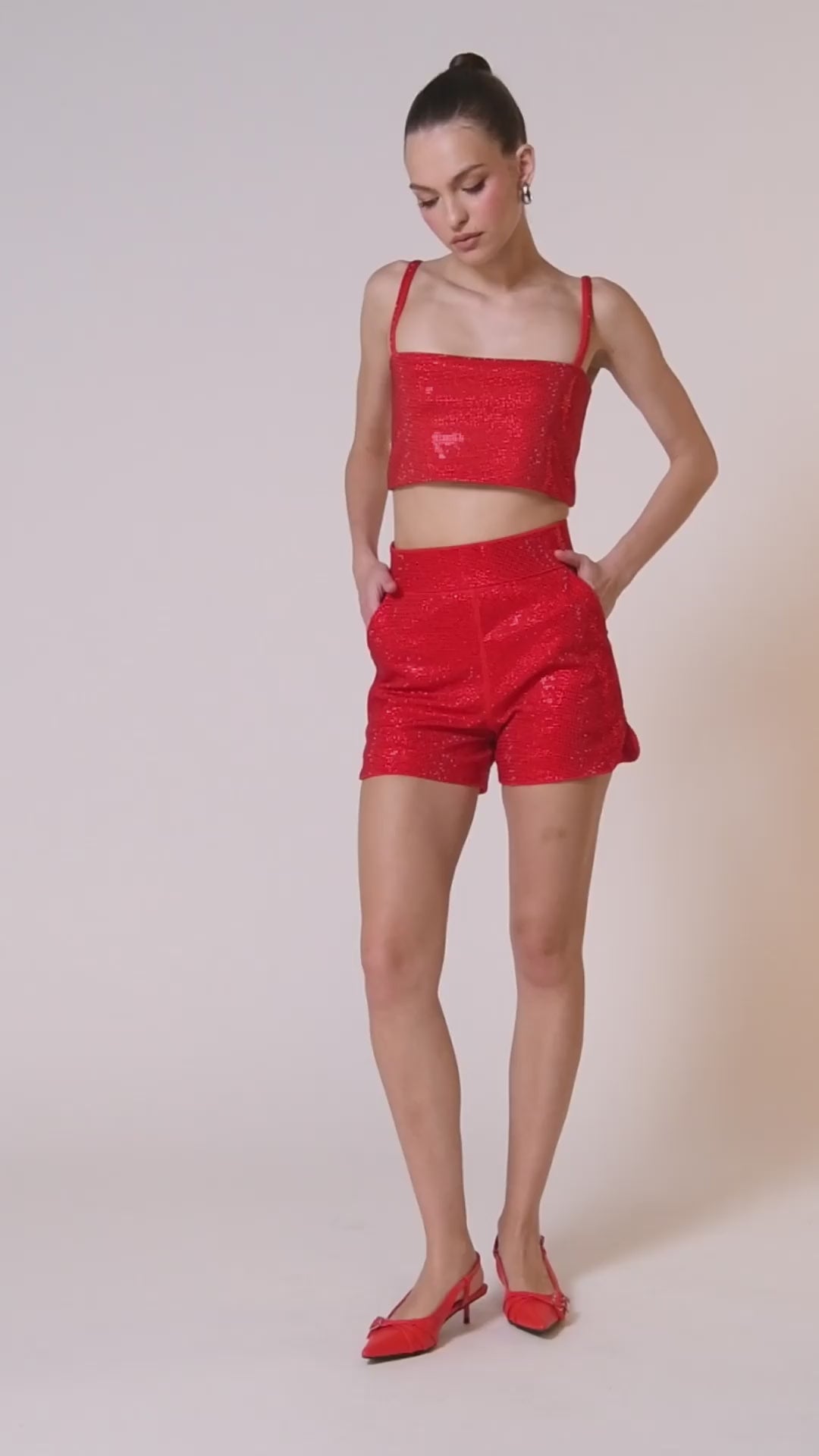 POP STAR HOT FIX HIGH WAIST RHINESTONE SHORT IN RED – AKIRA