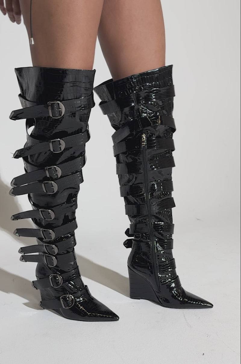 AZALEA WANG CINZIA BLACK CROC BUCKLE WEDGE BOOT – AKIRA