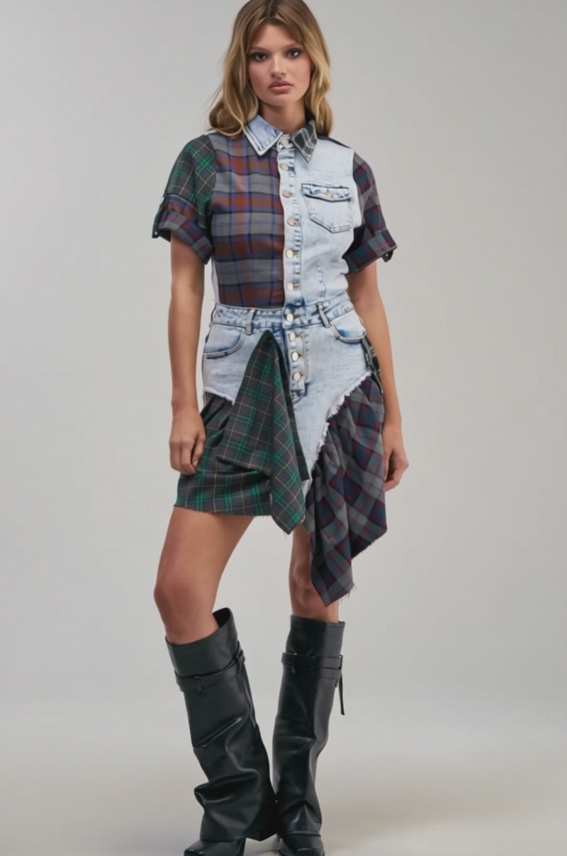 Video of a woman modeling the  ATTENTION PLEASE DENIM AND PLAID MINI DRESS, featuring a mix of plaid and denim fabrics. 