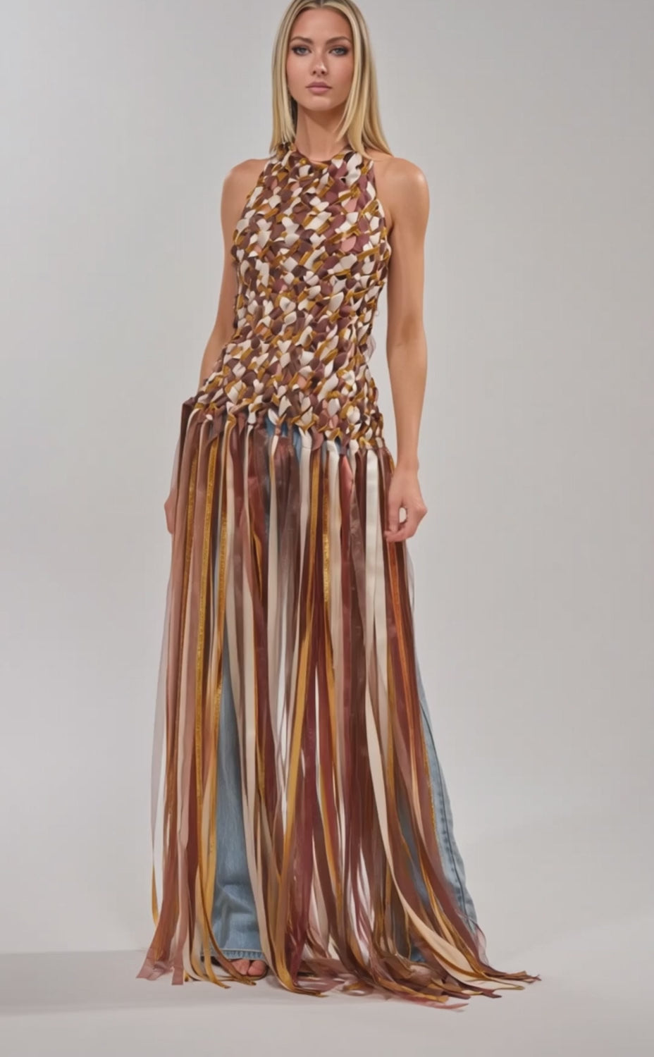Video of woman modeling the FESTIVAL GIRLY TOP, a sleeveless woven piece in earthy tones with long, flowing ribbon-like strips, creating a striking festival fashion look against a plain light background.
